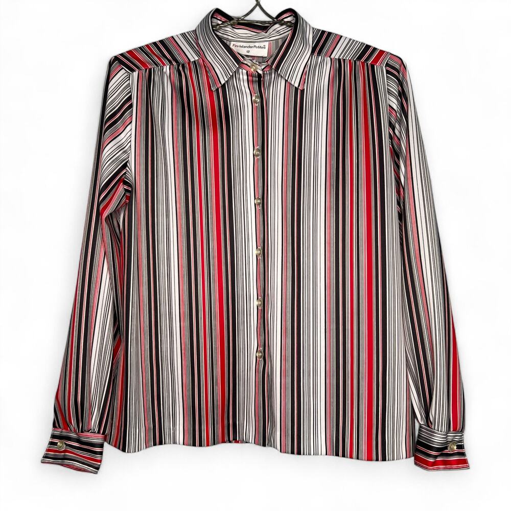 Vintage 70s Blouse Top Red Black Stripe Nylon Office Button Front Size Medium